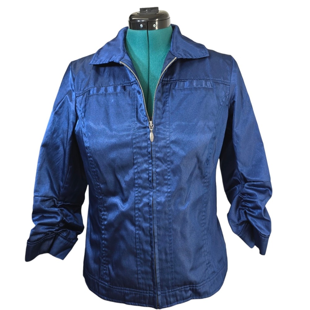 Additions By Chico's Women's Full Zip Jacket Blue Metallic 3/4 Sleeve Size 1-Med